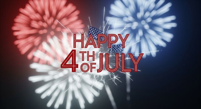 Happy 4th of July text with American flags and red white blue fireworks exploding in the night sky, festive celebration concept, patriotic holiday graphic design