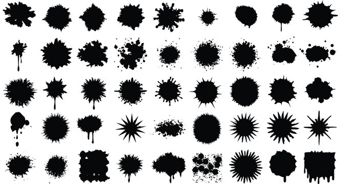 Collection of black ink splatters and starburst shapes on white background paint splatter ink blot paint blot