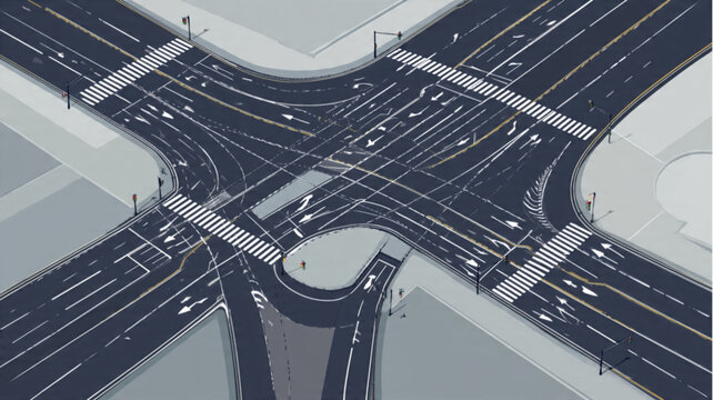 Overhead view of city highway intersection.