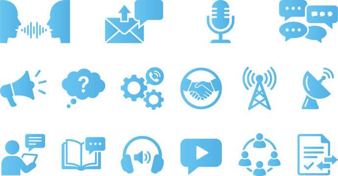 Set communication and connection icons speech bubbles microphone email megaphone questions gears handshake antenna satellite phone book.