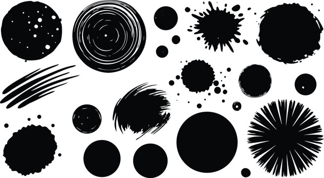 Collection of black ink splatters brush strokes and circular shapes ink blot ink stain ink drop ink circle