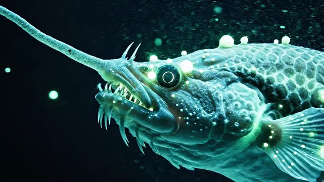 Tracking shot of anglerfish swimming and hunting with bioluminescent lure in deep sea darkness close up lateral movement.