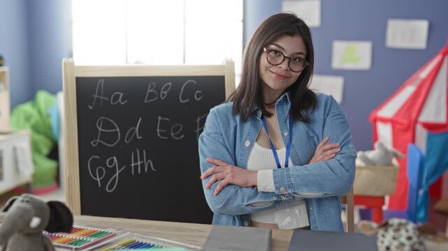 Woman teacher smiling with arms crossed by chalk blackboard showing alphabet, wearing glasses and lanyard in a colorful kindergarten classroom with play tent; confidence education.