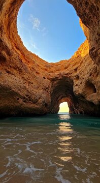 Magnificent view from inside the Benagil sea cave looking out towards the turquoise ocean and sandy beach in Algarve, Portugal.