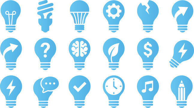 Set of blue light bulb icons symbolizing ideas innovation creativity energy and inspiration bright solutions.