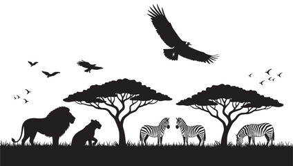 Silhouette wildlife safari scene with lions and zebras under acacia trees, birds in sky and grass texture © Diego