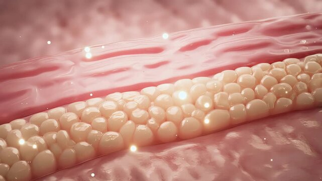 Tissue macro, inflamed red irritated area gradually calming,
color transition from red to normal tone with subtle glowing healing particles
