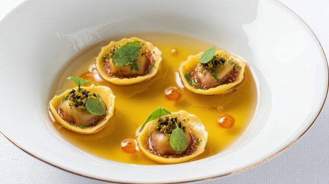 braised oxtail ravioli with beef consomm&eacute; and herb oil