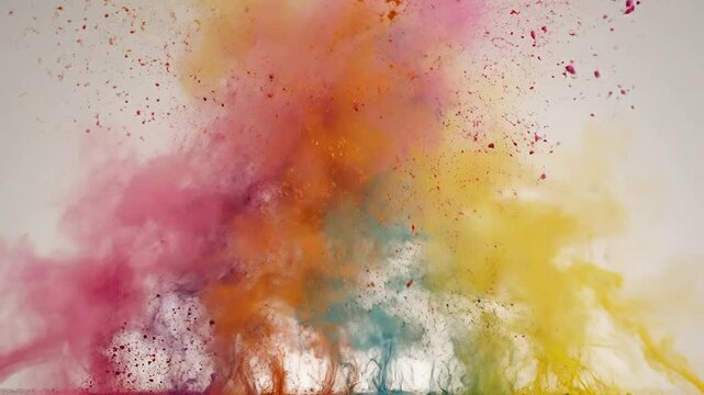 Vibrant colorful powder explodes in mid-air creating artistic expression scene