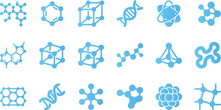 Abstract molecular structure icons set science chemistry biology dna atom network cluster molecule shapes.