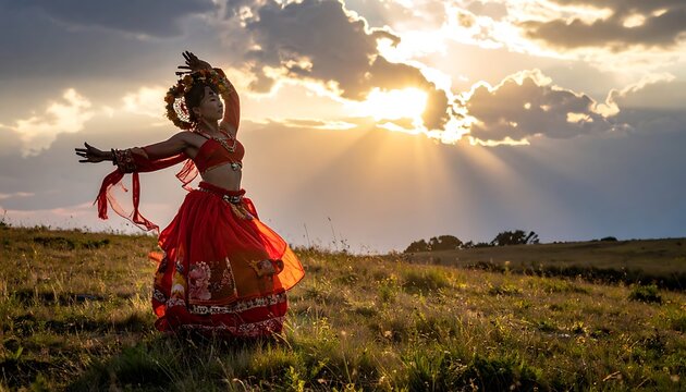 Woman dancing in green field sunset.