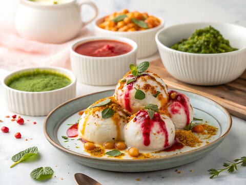 Holi dahi bhalla topped with chutney, realistic colorful Indian snack photo