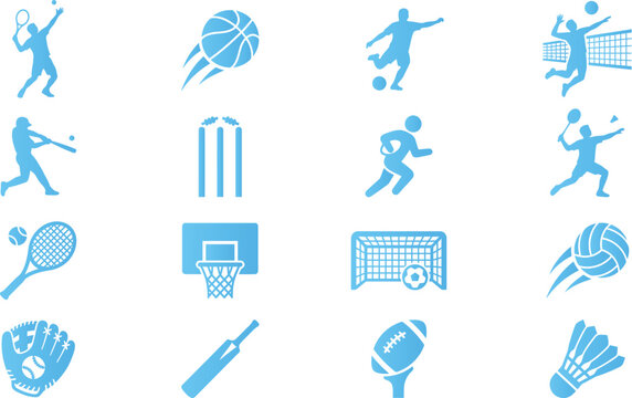 Set of blue sport icons, diverse athletic activities depicted, modern graphic design elements, healthy lifestyle symbols.