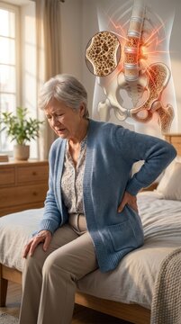 Senior health fragility: painful spine, bone disease, aged suffer, medical scan, vertebrae breakdown, porous tissue, hip joint, osteoporosis condition, skeletal structure.