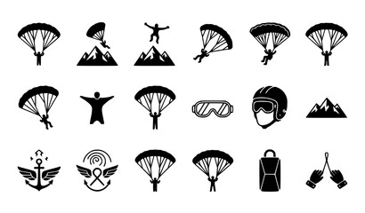 Paragliding and Skydiving Icon Set with Extreme Sport Adventure Symbols Vector Collection © BijoyChandra