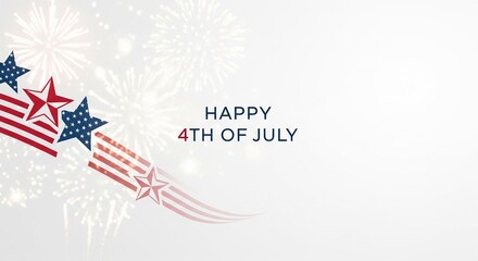 Fototapeta premium Happy 4th of July greeting with American flag stars and stripes design elements and fireworks illustration on a light background with copy space
