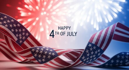 Fototapeta premium American flag ribbon curves across a background of red and blue fireworks celebrating the Fourth of July holiday with text.