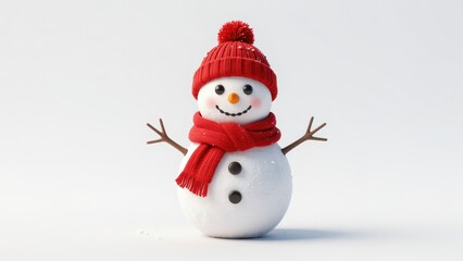 Fototapeta premium Charming Snowman Character Wearing Knit Hat on White Background