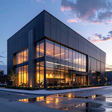 Modern black and glass office building facade at dusk, wet reflections