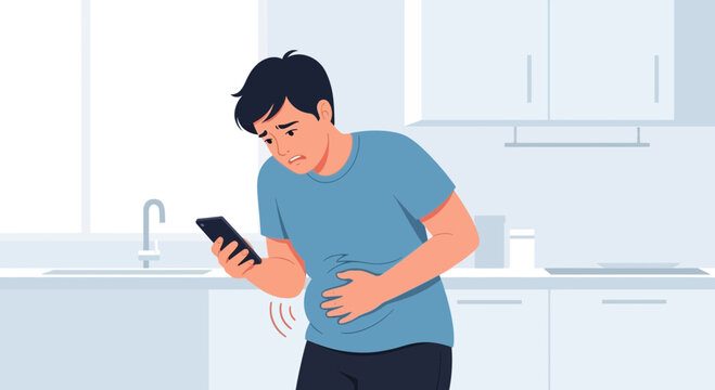 Concerned Man Holding Stomach While Looking at Smartphone in a Kitchen Setting Environment