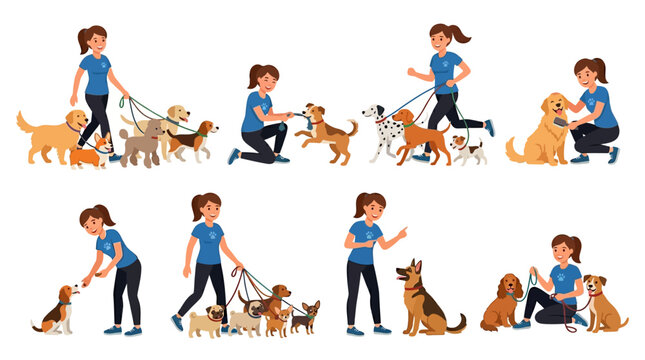 Professional dog walker takes care of many happy canine pets during multiple outdoor activities in this colorful vector illustration set