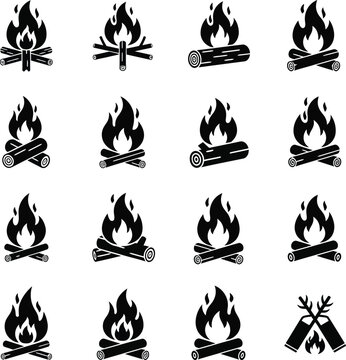 Black and white campfire various log and flame arrangements flames logs wood