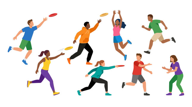 Diverse group of young men and women playing an active game of ultimate frisbee in a fun competitive sporting match.