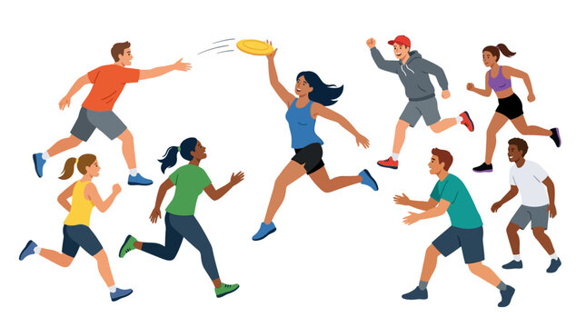 Diverse group of young men and women playing an exciting game of ultimate frisbee while running across the open field