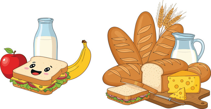 Healthy Snack and Bread Vector Icon Set with Sandwich, Cheese, Milk, Fruits, and Fresh Bakery Products for Food and Nutrition Designs
