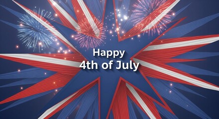 Fototapeta premium Happy 4th of July text with red white and blue starburst pattern and fireworks exploding in the night sky, patriotic celebration graphic design