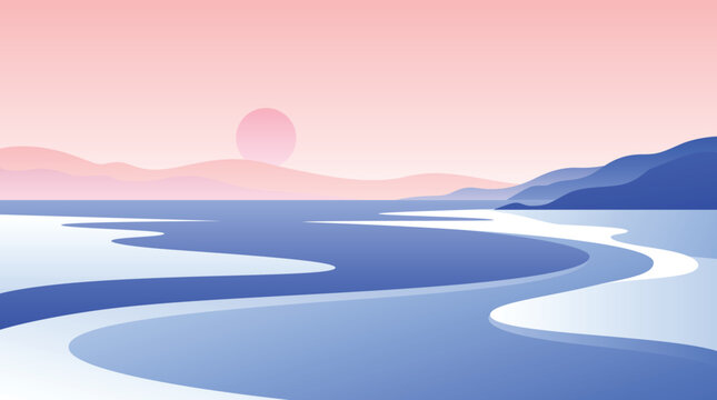 Winter landscape with snow and blue sky over calm mountains and reflective nature scenery