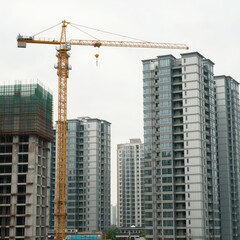 Fototapeta premium Construction Crane Overlooks Modern Residential High-Rise Building