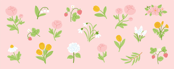 Naklejka premium Flat flower set. Cartoon blooming plants collection. Vector flowers bundle.