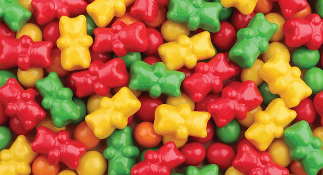 Colorful gummy bears in red green and yellow