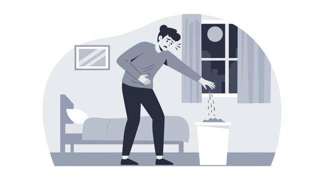 Concerned Person Vomiting Near Trash Can, Graphic Illustration in Monochromatic Tones