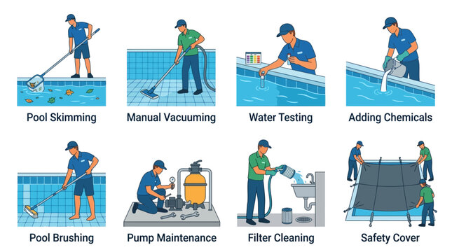 Professional pool technician performs various essential maintenance tasks including cleaning, chemical balancing, equipment repairs and safety cover installation for swimming pools.