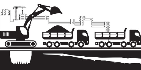 Earth mover loading dump trucks on construction site - vector illustration © angelha