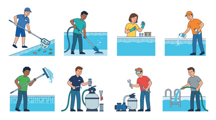Fototapeta premium Diverse professional workers perform essential swimming pool maintenance tasks including cleaning, chemical testing, filter repairs, and water system equipment servicing.