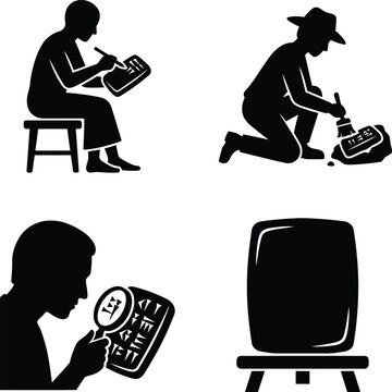 Ancient mesopotamian cuneiform tablet archaeology icon set with scribe, excavation, research, and museum display.