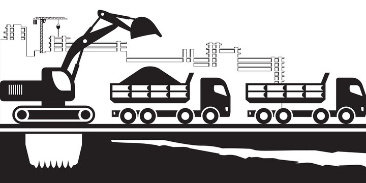 Earth mover loading dump trucks on construction site - vector illustration