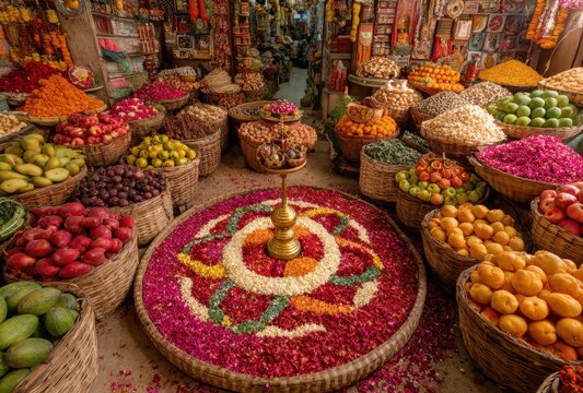 Vibrant fruit and flower market display with colorful baskets and floral arrangements