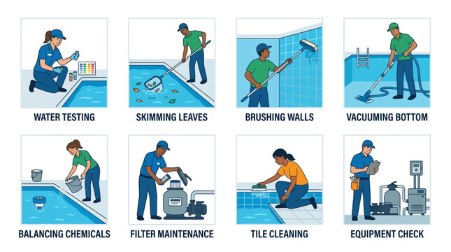 Professional pool technicians perform essential maintenance tasks including chemical balancing, equipment inspection, filter cleaning, and thorough scrubbing of tiled walls