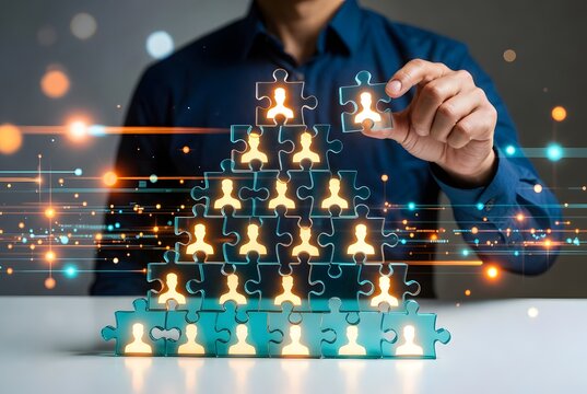 Businessman assembling a pyramid of glowing puzzle pieces with human icons, representing human resources management, team building, and corporate leadership strategy.