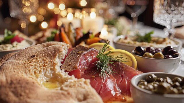Festive Holiday Table Laden with Delicious Appetizers and Drinks.