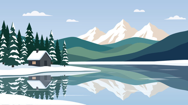 Snowy mountain landscape with lake reflection and winter alpine panorama