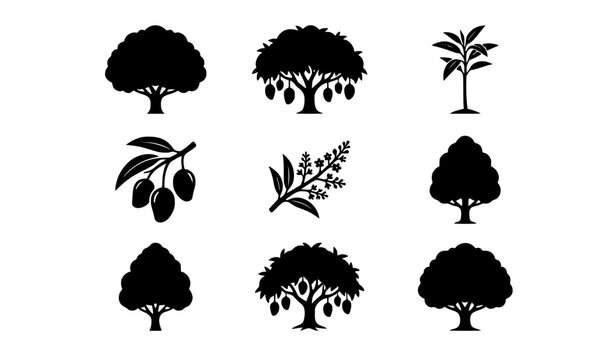 ​Professional Mango Tree and Fruit Silhouette Icon Set Featuring Mature Canopies, Saplings, Flowering Branches, and Tropical Fruit Clusters