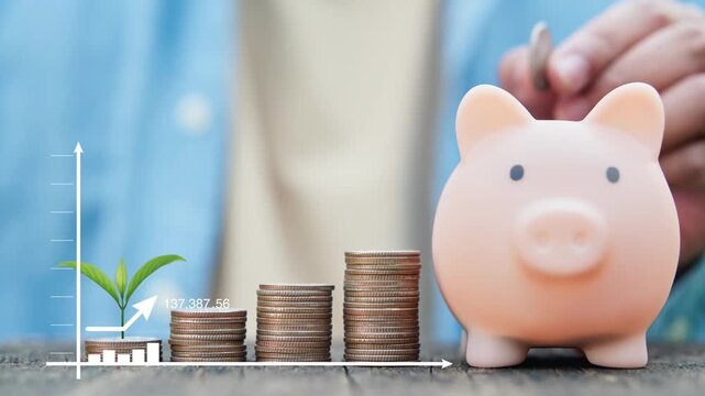 Long-term investment plan featuring compound interest and dividends, close up of sprouts growing on coins and piggy bank savings.