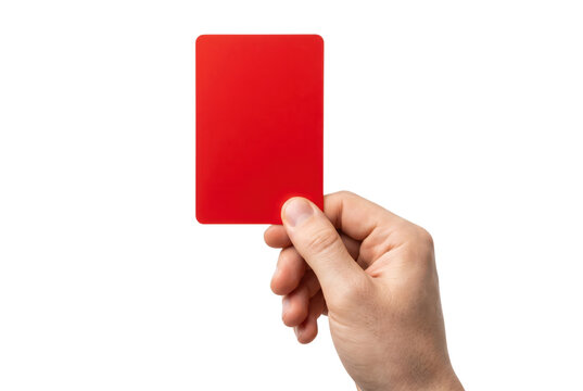 Hand holding a blank red card for penalty, warning or membership. Isolated on transparent background, png