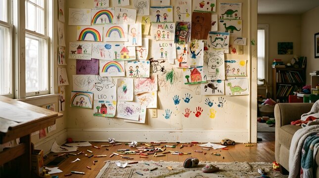 Messy Living Room with Children's Art Gallery Wall and Crayons Scattered on Floor.