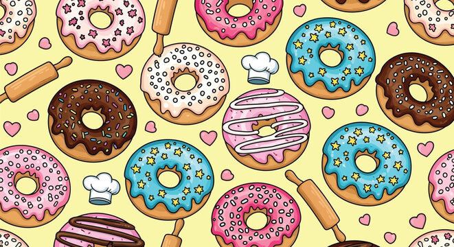 Colorful donuts with sprinkles and frosting on yellow background
